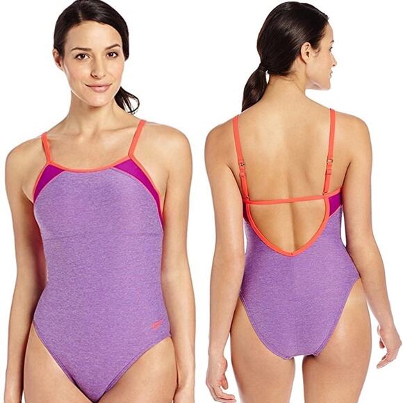 Speedo Heathered Clip Back One Piece Swim Purple 4 - Picture 5 of 11